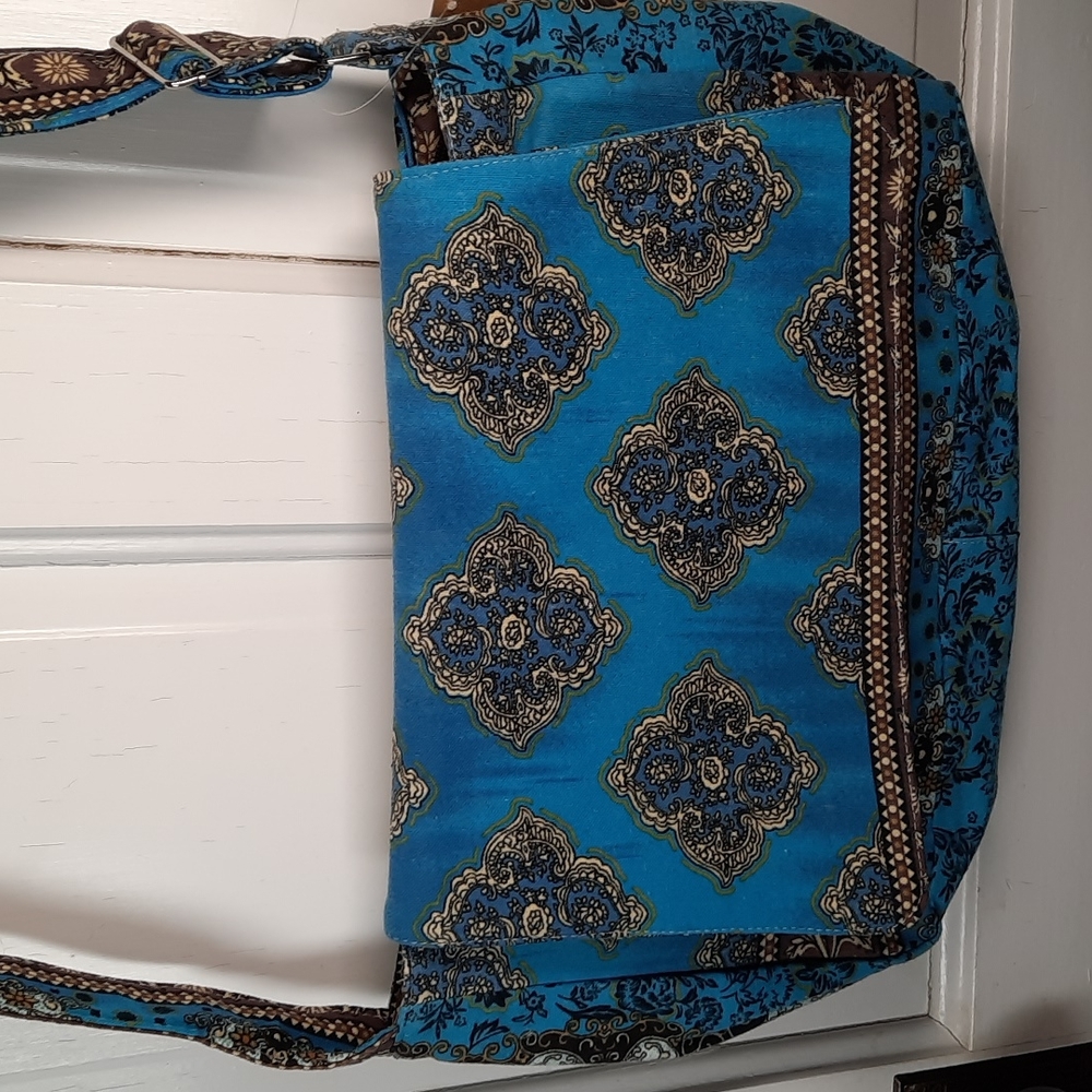 Crossbody Bag Purse Tote Messenger Blue Brown Print Cotton Lightweight Lined